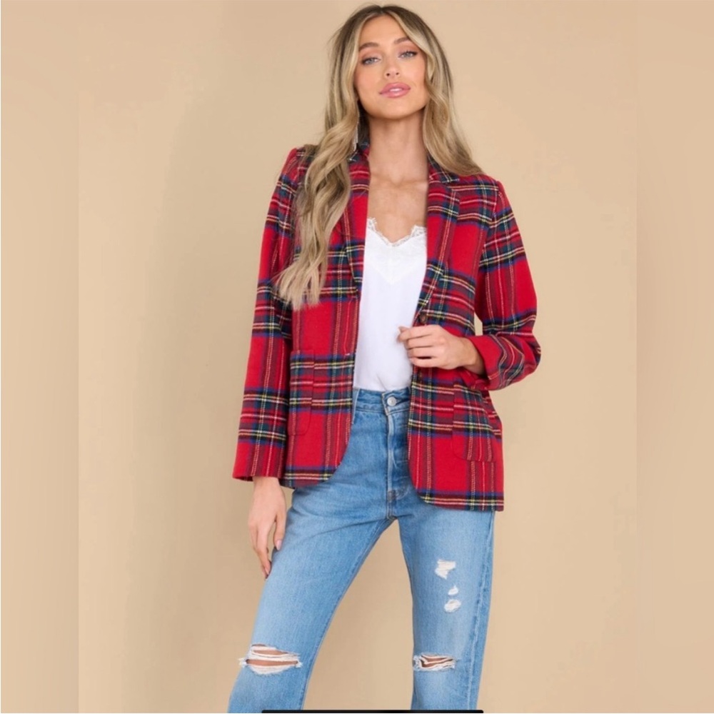 NWT English Factory Classic Red Holiday Tartan Plaid Blazer Size Med - Picture 2 of 7